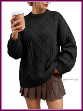Women's Oversized Cable Knit Pullover Sweater - Cotton Blend Long Sleeve Crew